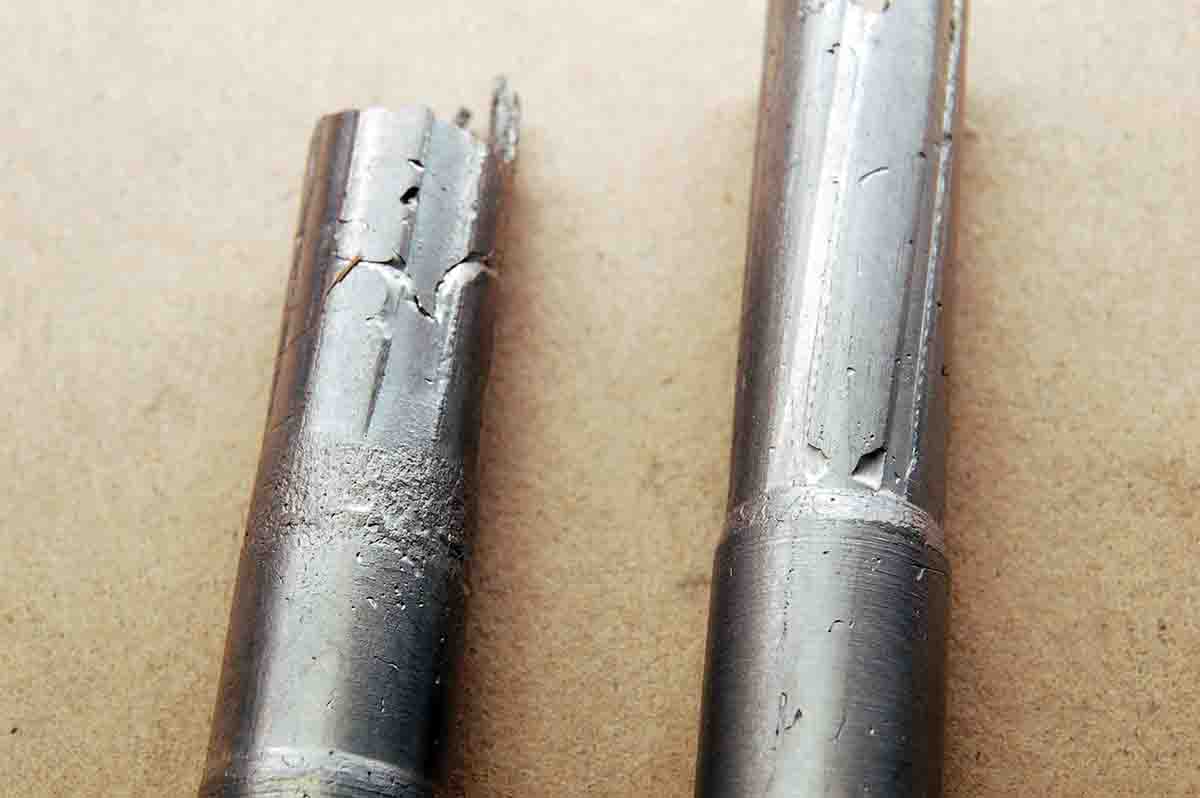 A chamber cast of a .310 throat (left) shows it to be just a tapered hole. A .30-30 is shown at right for comparison.